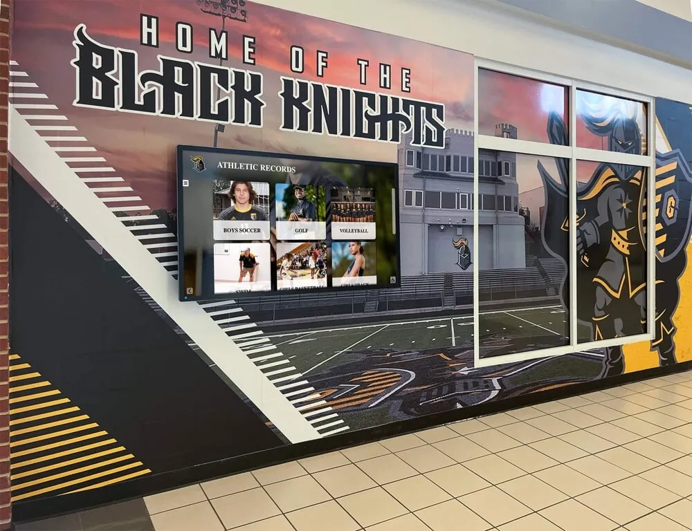 School hallway with traditional displays