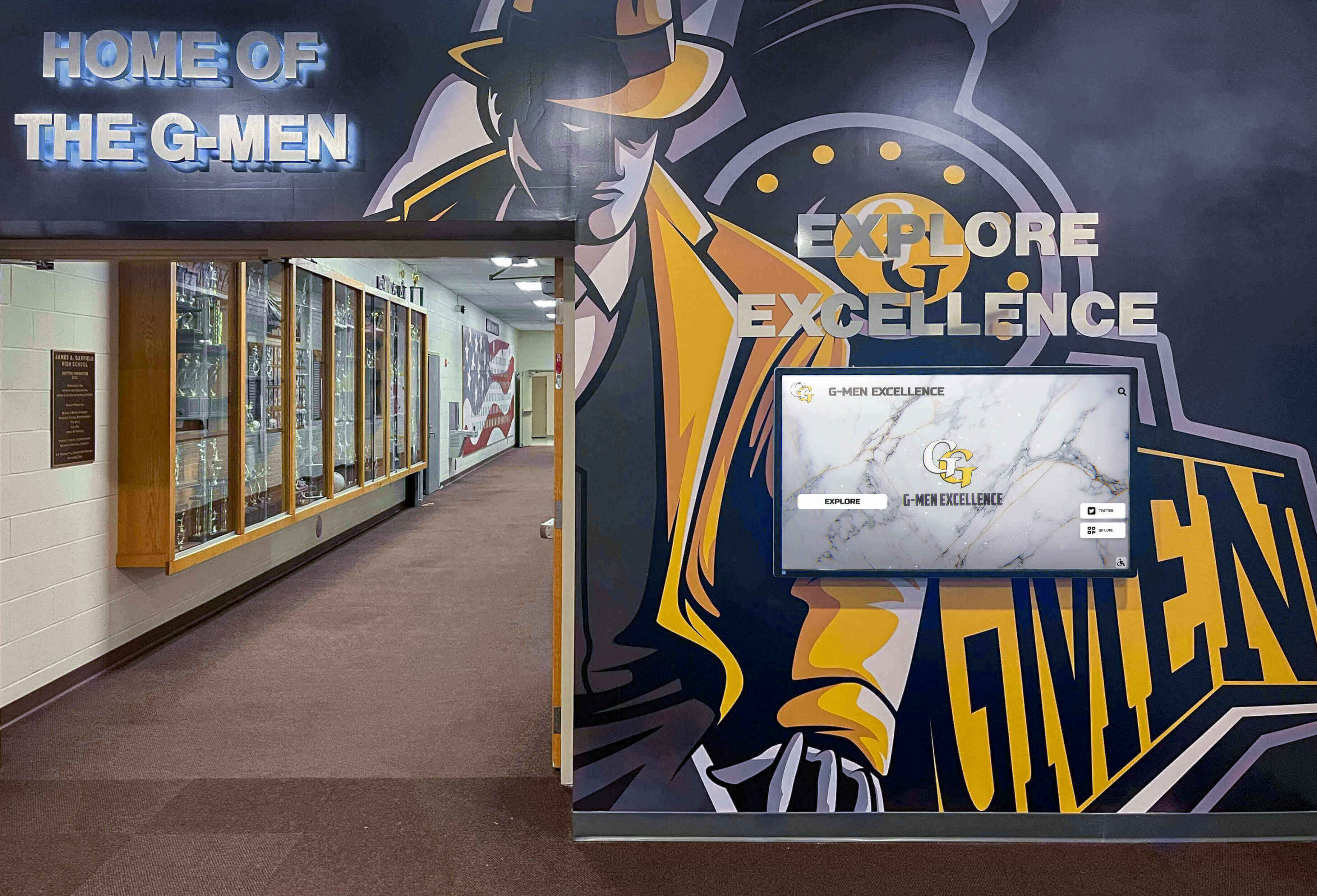 Digital display in campus hallway