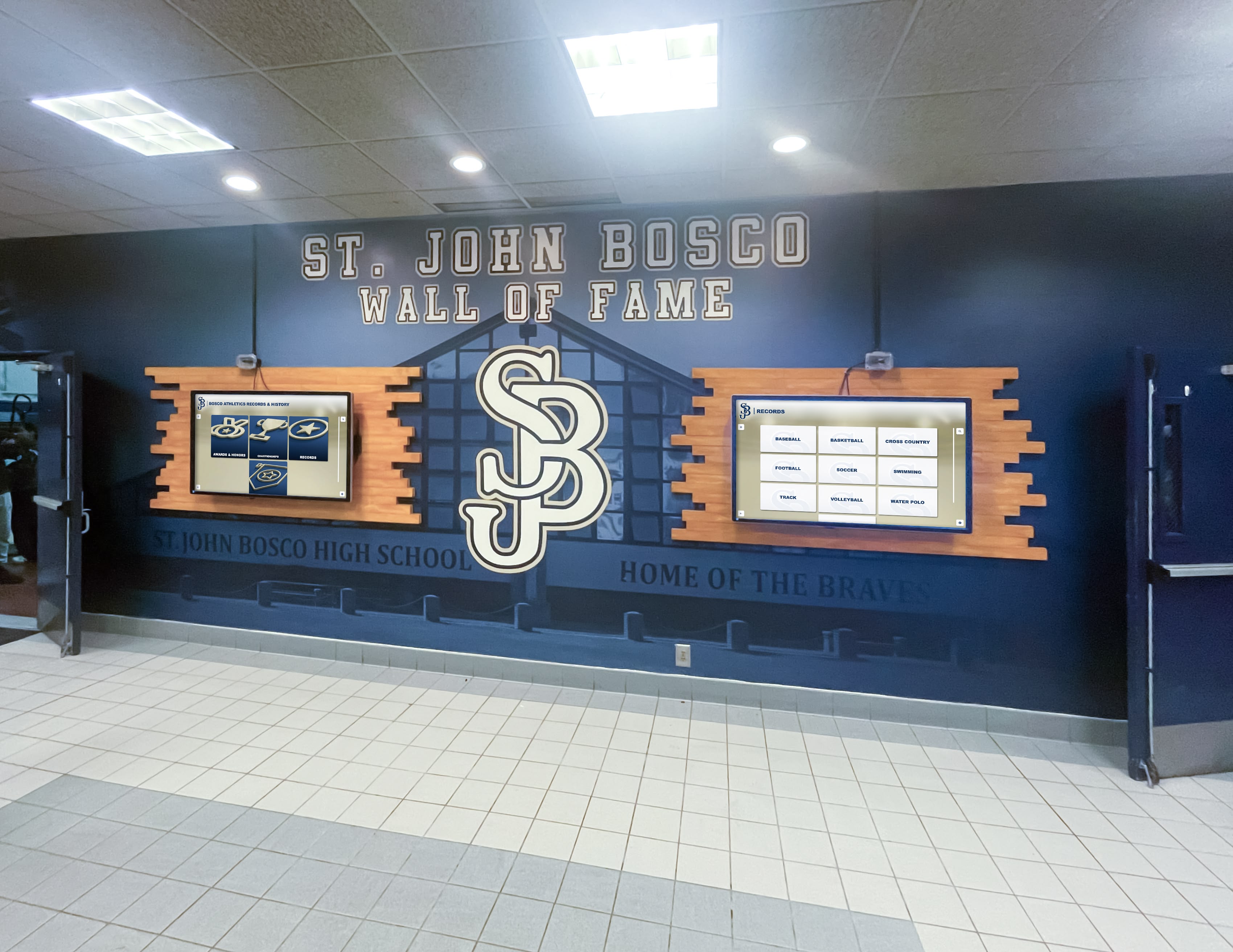 Athletic display in school hallway