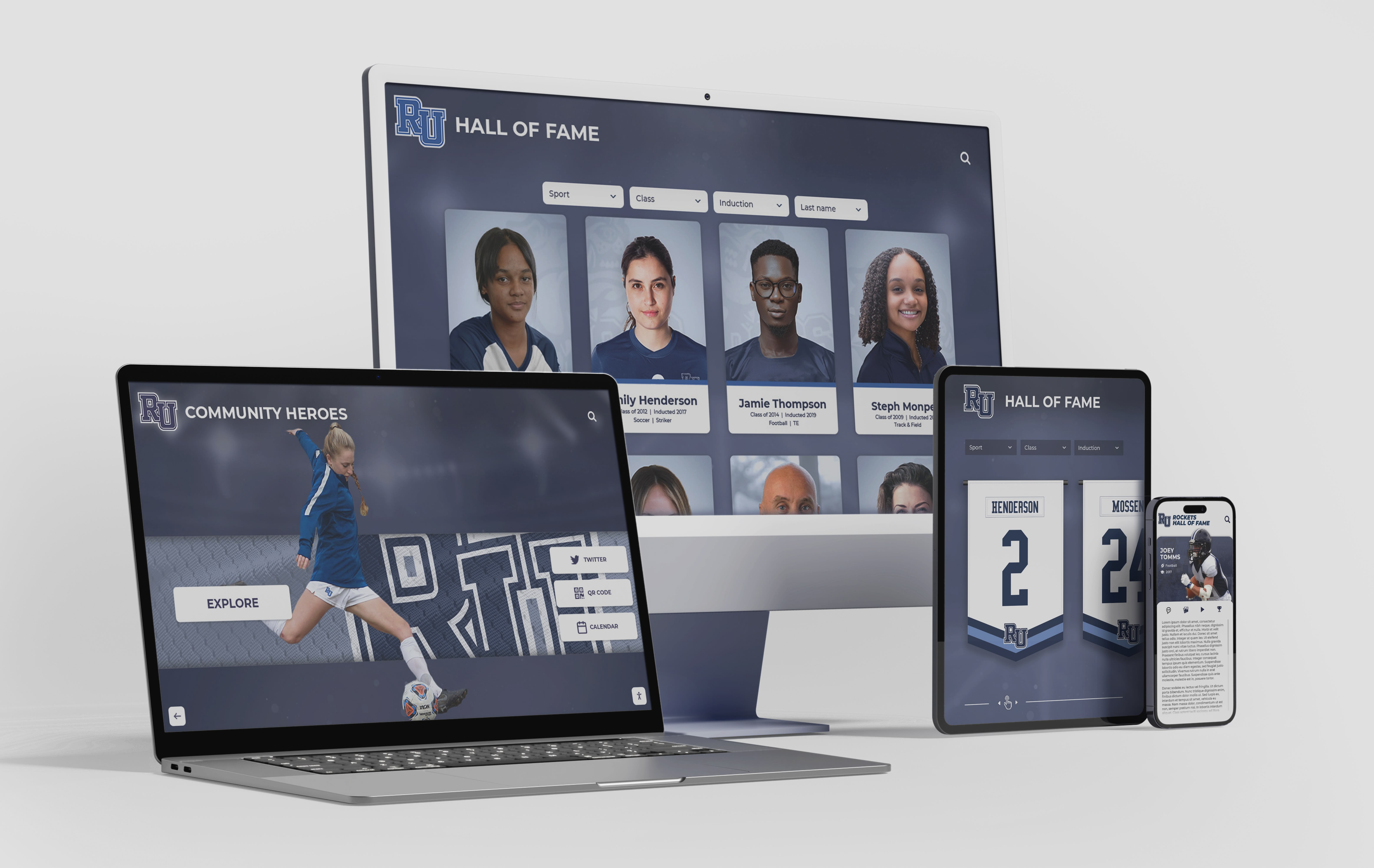 Hall of fame website displayed across multiple devices showing athlete profiles Responsive heritage website mockup